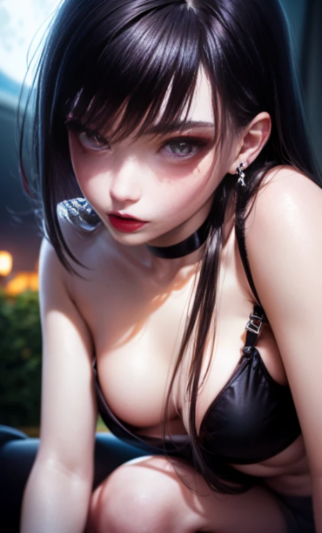 two kiss、Depth of bounds written, detailed eye, ((CG illustration)), ((face focus)), ((masterpiece)), ((8K)), ((super detailed)), ((Super high quality)), ((cinematic)), ((Photoreal)), ((close up shot)), (solo), (cool girl), very long hair, straight hair, (((thin body))), Glossy skin, ((look away)), (Beautiful goth girl with high cheeks and legs), Gothic makeup, clear eyes, lipstick, dark eye shadow, ((No bra)), choker, earrings, provoke, night, ((full moon)), ((Functional)), , Visual kei, ((pastel colour)), Unwound clothes, forget, kiss, White Knight, dark, silence