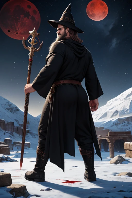David Harbour, very detailed image, master piece, epic composition, perfect fingers, perfect hands, handsome, snow, right anatomy, chubby, 4k, perfect feets, perfect legs, (very short messy hair), ancient desert, ancient desert clothes tunic beduin, ((big full beard)), (full black clothes), (black tunic), ( black mage), (black boots), ((night with blood moon)), (((big and large ass))), (black mage hat), (black mage ancient staff wizard)