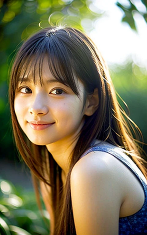 (Photoreal:1.4), (hyper realistic:1.4), (realistic:1.3), (smooth lighting:1.05), 1 girl, pure beauty, . Lovely, cute, Persistent Sadness, Tank top, warm light, realistic lighting. Backlight、facial light, (cheerfulness:1.2). (Improved image quality:1.4). (Finest realistic textured skin). finely tuned. The small face of a thin girl. small breasts. Pointed jaws. close up of face. korean idol, fiery idol pose (Improve your body line mood:1.1). glowing skin, Nogizaka Idol, garden