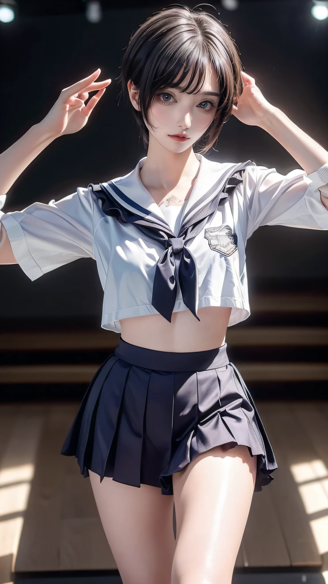 high school girl,(random sexy dance pose),(Highest image quality, (8K), Ultra-realistic, Best Quality, High quality, High Definition, high quality texture, high detailing, Beautiful detailed, fine detailed, extremely details CG, Detailed texture, realistic representation of face, masterpiece, presence, Dynamic, Bold)