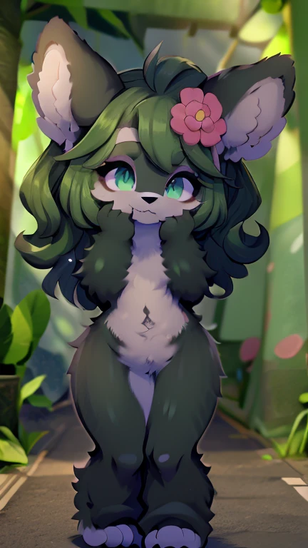 [Yaya Panda], [Uploaded to e621.net; (Pixelsketcher), (wamudraws)], ((masterpiece)), ((HD)), ((solo portrait)), ((full body)), ((front view)), ((feet visible)), ((furry; anthro)), ((detailed fur)), ((detailed shading)), ((beautiful render art)), ((intricate details)), {anthro panda; (black fur), (white fur), black nose, (cute green eyes), (short eyelashes), black hair, long braids, (curvy hips), (beautiful legs), (cute grin)}, {(green chinese dress), (red ballet flats)}, {(standing), (hands on face), (looking at viewer)}, [background; (bamboo forest), (beaten pathway), (blue sky), (cloudy)]
