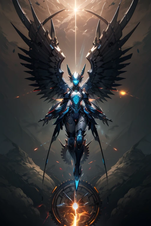 (mechanical angel), mechanical wings with gears extended, detailed face, proportional face, (devious and beautiful), cinematic light, Science fiction, apocalypse, floating, full body, (CG illustration), (Highly detailed), (high resolution), (Best quality), (masterpiece)
