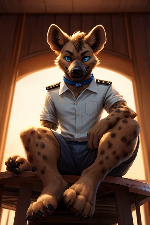 handsome, hyena, scruffy fringe, wearing a pale yellow buttoned shirt, navy blue collar, eyes with a mischievous glint, blue eyes, average build, good eyes, warm lighting, 8k semi realistic, low angle, small grin, (4 digits on paw)