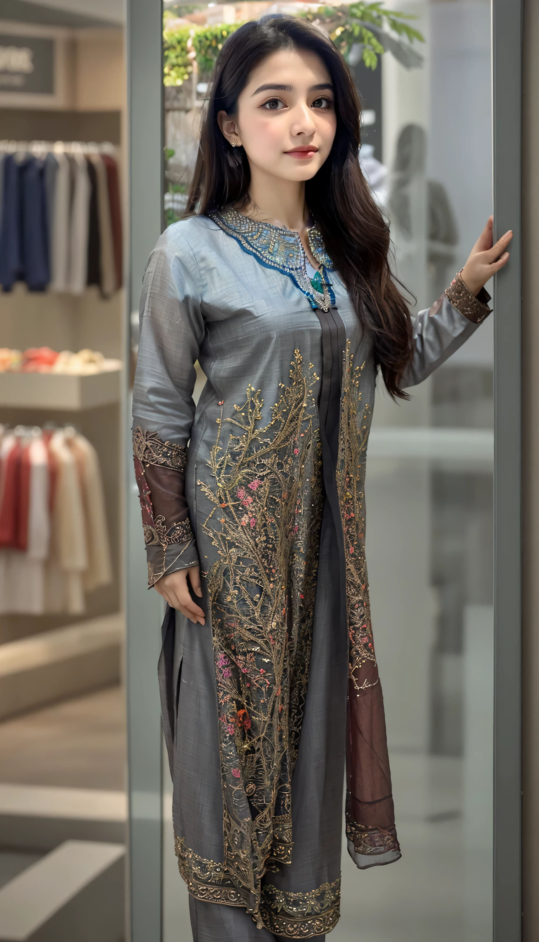 A young Pakistani woman in her 20s stands in a bustling mall, her eyes drawn to a stunning shalwar and kameez in the window display. The intricate embroidery and vibrant colors catch her attention, and she can't help but imagine herself wearing it to a special occasion.