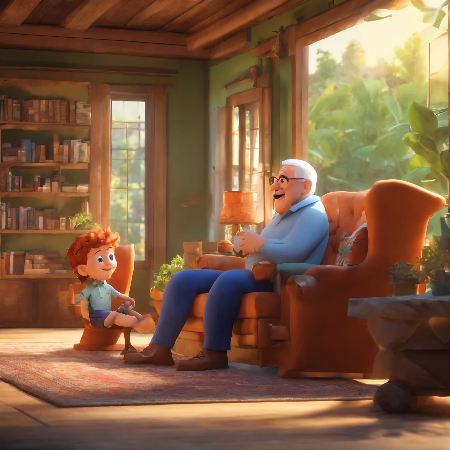 boy sitting and talking to his grandfather in a country house, estilo disney pixar, alta qualidade.