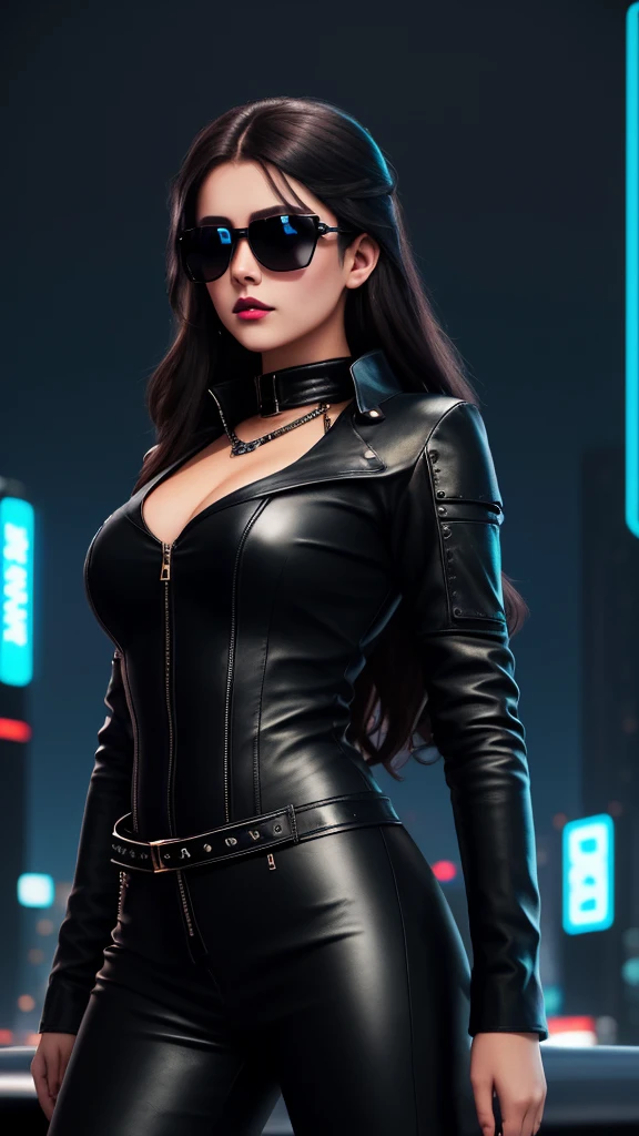 Teenage girl in black leather dress, dark brown braid, gorgeous face, blue eyes, black leather dress, open shoulders, diamond navel, sunglasses, black rubber band pants, 30k cyberpunk style neon sign city background, exquisite clothing details, high detail.
