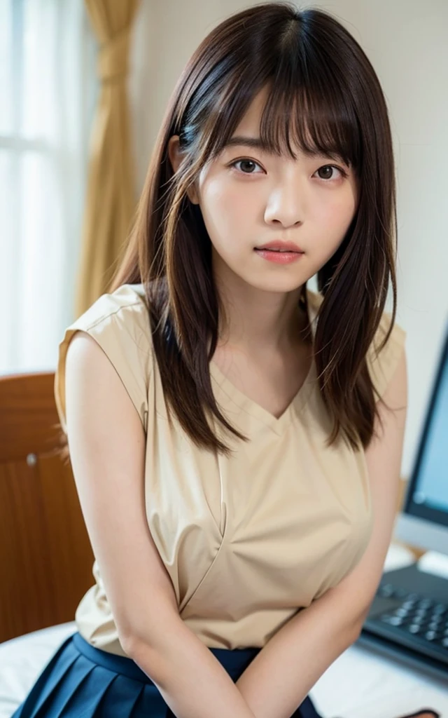 table top, highest quality, 16k, 1 girl, 16, big breasts, Raw photo, professional photography, portrait, late night office、sitting in front of the computer、soft light, professional lighting, alone, 笑face, close, face, close, cute, girly, goddess, delicate girl, pure beauty, Digital single-lens reflex camera, avert your eyes, Frank, Sophisticated, film grain, (目とfaceの詳細:1.0), long hair swaying in the wind, bangs, (Tight beige cut-and-sew top)、(navy pleated skirt)、(big breasts:1.5)、cleavage、cute hanging eyes、
