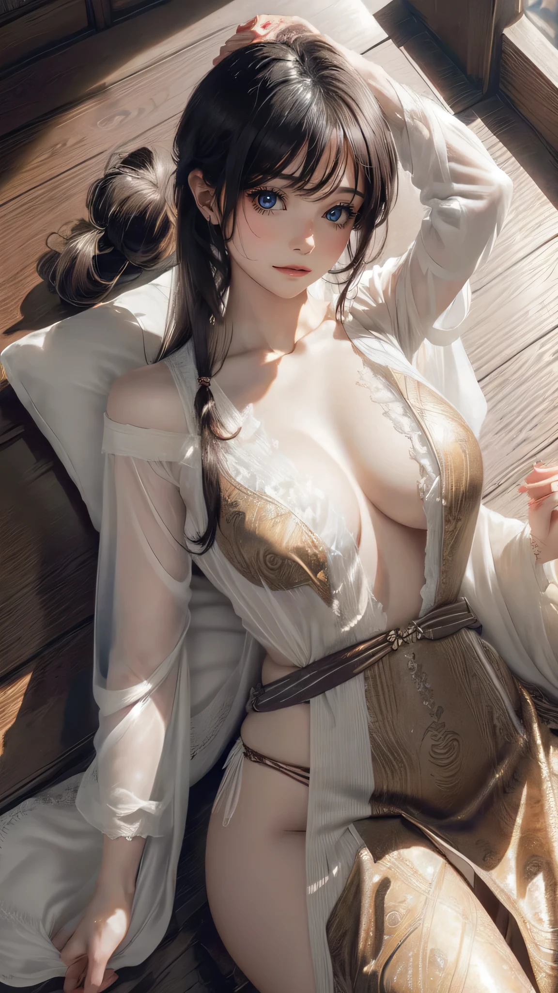 from above,overhead shot,onsen,(lying),(on back),1girl,(ultra detailed skin),curvy,,beautiful breasts,(large breasts),pale skin,pointy breasts,erect nipples,(fantasy art,Highest image quality,Hyperrealist portrait,(8k),ultra-realistic,best quality, high quality, high definition, high quality texture,high detail,beautiful detailed,fine detailed,extremely detailed cg,detailed texture,a realistic representation of the face,masterpiece,Sense of presence,Dynamic,bold),short hair,(ultra thin hair),(ultra soft hair),(ultra straight hair:1.5),Swept long bangs,extra light coppery amber hair,hair over one eye,clothed,baggy t-shirt,swimsuit