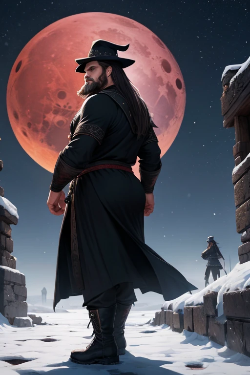 David Harbour, very detailed image, master piece, epic composition, perfect fingers, perfect hands, handsome, snow, right anatomy, chubby, 4k, perfect feets, perfect legs, (very short messy hair), ancient desert, ancient desert clothes tunic beduin, ((big full beard)), (full black clothes), (black tunic), ( black mage), (black boots), ((night with blood moon)), (((big and large ass))), (black mage hat), (white very long hair)
