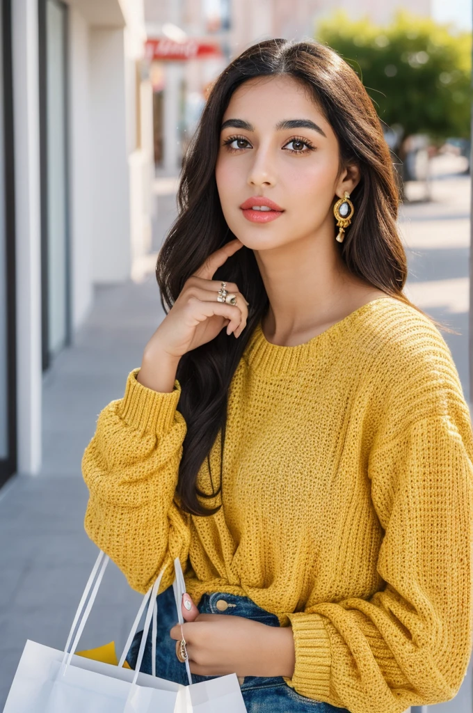 A 30-year-old woman of mixed Indian and Moroccan descent., a beautiful figure. Shopping with shopping bags , brands luxe, very realistic, realistic model art, influencer, 4K