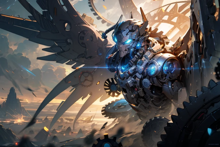 (cyborg), mechanical wings with gears extended, detailed face, proportional face, (devious and beautiful), cinematic light, Science fiction, apocalypse, floating, (CG illustration), (Highly detailed), (high resolution), (Best quality), (masterpiece)
