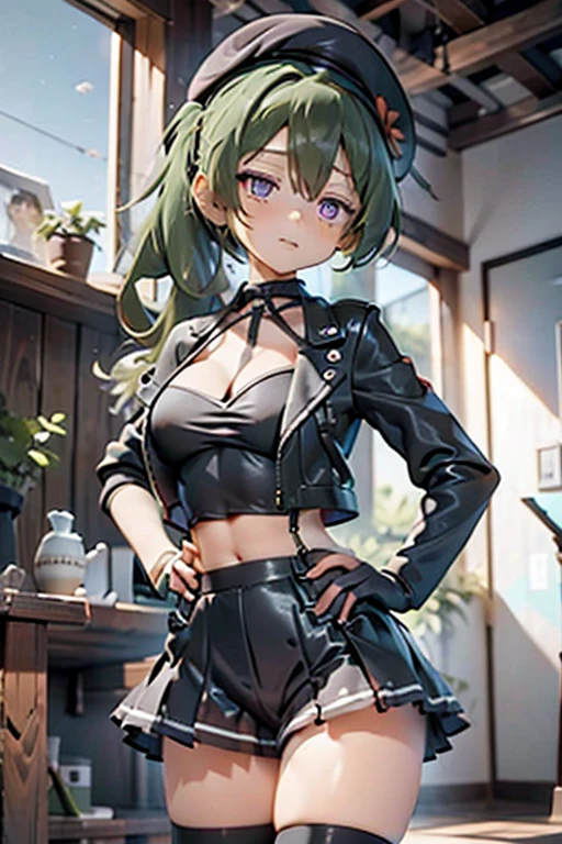 ubel,dark green hair,long hair,side ponytail,hair between eyes,bangs, BREAK (beret, black jacket, open clothes, cleavage, midriff, black shorts, black thighhighs, thigh strap, fingerless gloves, single glove:1.2) BREAK blurry background, BREAK pose, hand on hip, BREAK (masterpiece:1.2), best quality, high resolution, unity 8k wallpaper, (illustration:0.8), (beautiful detailed eyes:1.6), extremely detailed face, perfect lighting, extremely detailed CG, (perfect hands, perfect anatomy),