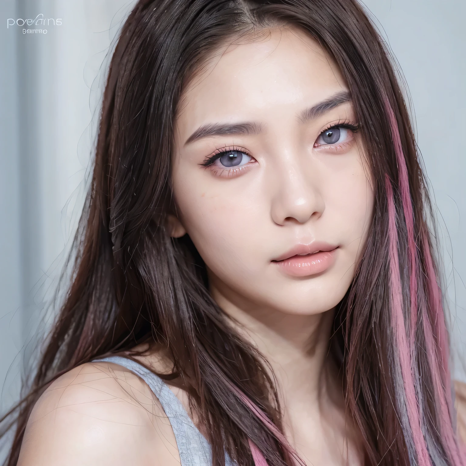 Asian Woman, 20 years old, medium hair dark hair with pink streaks at the ends, pale blue grey eyes, hyper realistic, detailed skin, detailed eyes, skin pores 