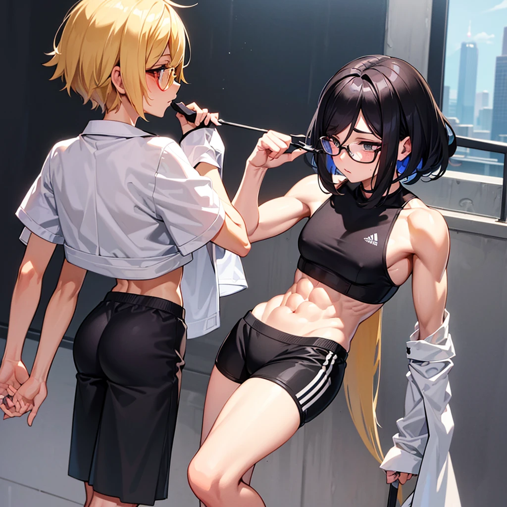 ((masterpiece)),((best quality)),(ultra-detailed),(an extremely delicate and beautiful),detailed background,((((1woman,tall stature)))and(((1shota boy,short stature)))),((((hetero)))),(height difference),(((boxing ring))), (1woman),((((silver wolf/(Honkai:star rail/)))),(curvy:1.4),(large breasts), pale skin,shiny skin, long hair,ponytail ,drill hair,hair between eyes, eyewear on head, navel, midriff,((She wears jacket, black jacket, sunglasses, gloves, black gloves, fingerless gloves, shorts,black shorts, shirt, white shirt, choker, crop top, fur trim)),(rolling eyes:1.4),(ahegao),(trembling),((((vaginal,sex)))),(missionary position),(lying on back),from side,clothing aside,intercourse with a shota boy, cum in pussy,(cum on clothes:1.4),cum on breasts,cum in mouth,cum on hair,excessive cum, ((((1shota boy)))),(petite),penis,dark-skinned shota boy,interracial,
