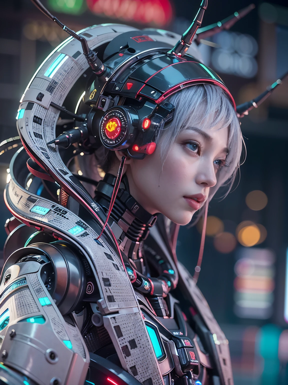 best quality,4k,highres,masterpiece:1.2,ultra-detailed,realistic:1.37,beautiful detailed eyes,beautiful detailed lips,extremely detailed eyes and face,longeyelashes,1girl,cyborg,futuristic,anime,mechanical spiders,living machine,Japanese woman with spider fusion,shiny metal body,silver hair,red glowing eyes,mechanical limbs,traditional kimono outfit with modern twist,urban background,neon lights,cityscape,high-tech gadgets,post-apocalyptic setting,juxtaposition of organic and mechanical elements,subtle holographic projections,intertwining spider webs,ethereal aura,sharp focus,vivid colors,colorful neon accents,dramatic lighting with strong shadows,hauntingly beautiful,contrasting textures of metal and silk,cybernetic enhancements,futuristic technology,strikingly detailed display of emotions,confident and powerful demeanor.