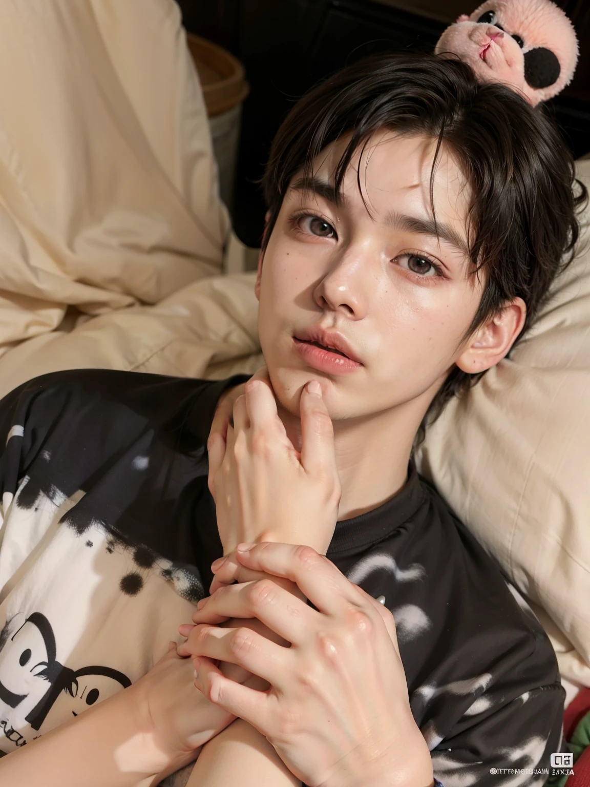 hombre arafed acostado en la cama con un osito de peluche rosa, Cai Xu Kun, jinyoung shin, pintar ulzzang, yanjun chengt, pale korean adorable face, jovencito, aesthetic jinyoung pimple, chico mono, kim doyoung, largo, hombre surcoreano, lindo joven, Jung Jaehyun, handsome japanese demon boy, small heart shaped face