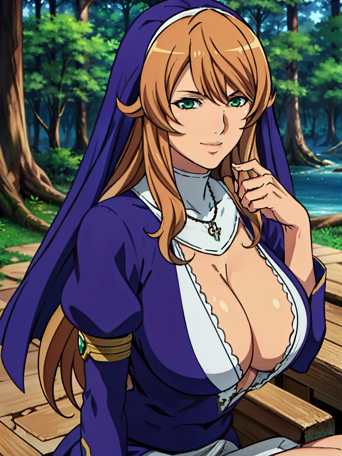 (sitting at big fallen tree), purple outfit, puffy sleeves, cleavage cutout, cleavage, nun, jewelry, necklace, (forest background), Sigui, mature woman, anime cels style, best quality, high resolution, 1girl, (huge breasts:1.2), beautiful face, Beautiful Finger, Beautiful long legs, Beautiful body, Beautiful Nose,Beautiful character design, long hair, brown hair, Bangs, green eyes, purple cape on her head, (cowboy shot), smiling, looking at viewer