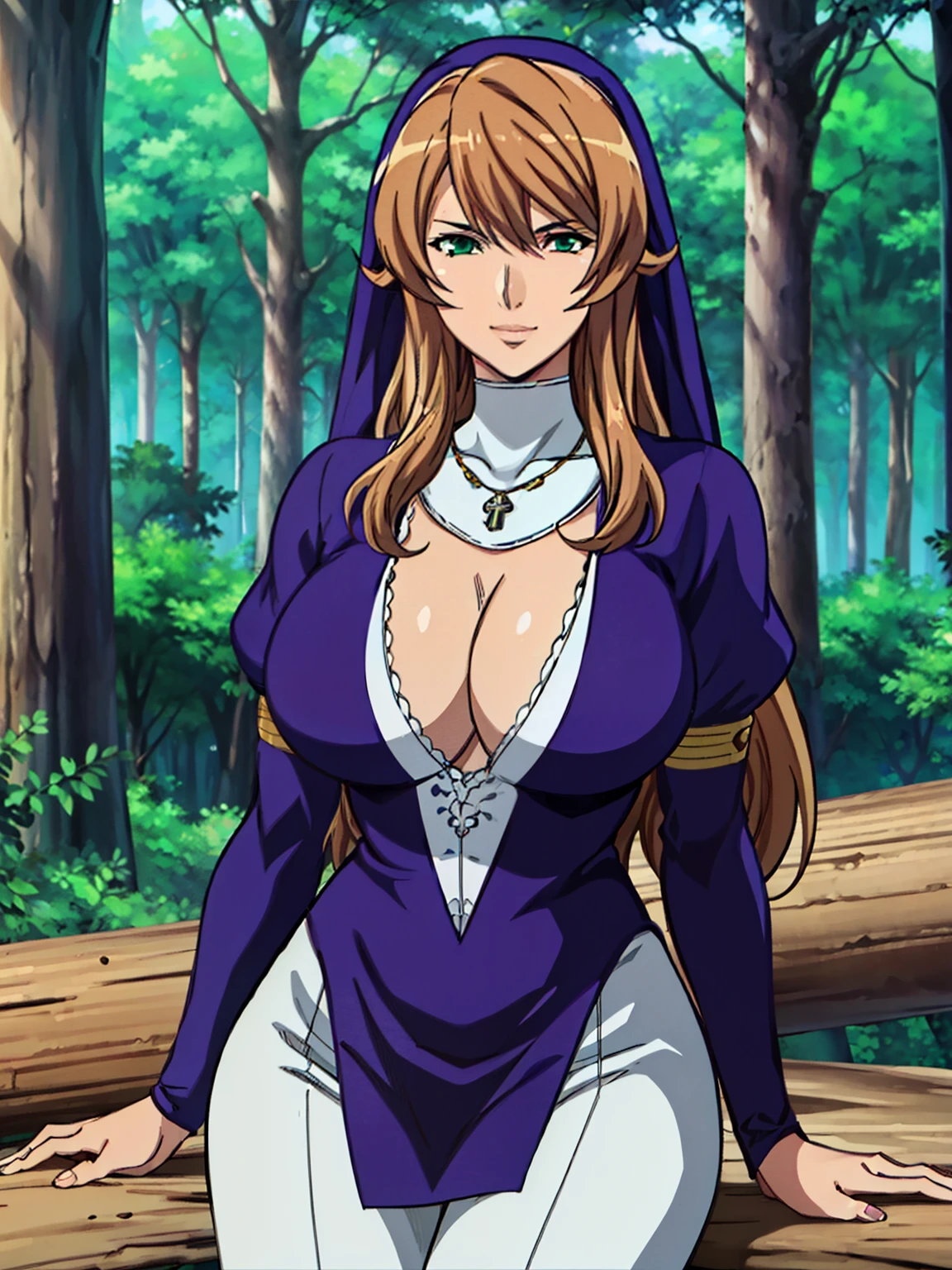 (sitting at big fallen tree), purple outfit, puffy sleeves, cleavage cutout, cleavage, nun, jewelry, necklace, (forest background), Sigui, mature woman, anime cels style, best quality, high resolution, 1girl, (huge breasts:1.2), beautiful face, Beautiful Finger, Beautiful long legs, Beautiful body, Beautiful Nose,Beautiful character design, long hair, brown hair, Bangs, green eyes, purple cape on her head, (cowboy shot), smiling, looking at viewer