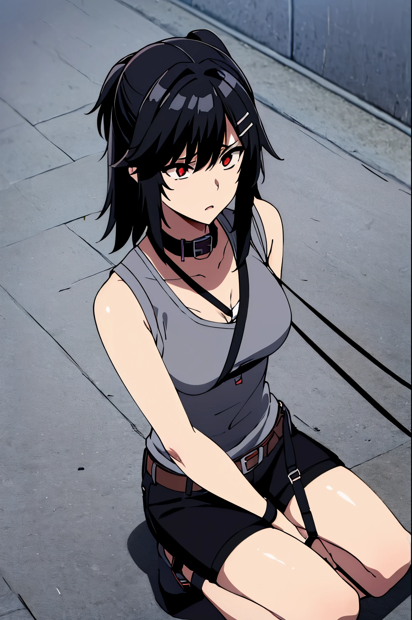 ((collar,leash,tied up,bondage,scared expression)),1Girl, solo,red eyes,black hair,,shorts,top-tank,looking at viewer
