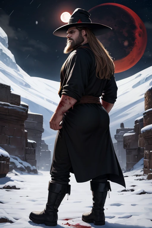 David Harbour, very detailed image, master piece, epic composition, perfect fingers, perfect hands, handsome, snow, right anatomy, chubby, 4k, perfect feets, perfect legs, (very short messy hair), ancient desert, ancient desert clothes tunic beduin, ((big full beard)), (full black clothes), (black tunic), ( black mage), (black boots), ((night with blood moon)), (((big and large ass))), (black mage hat), (white messy very long hair)
