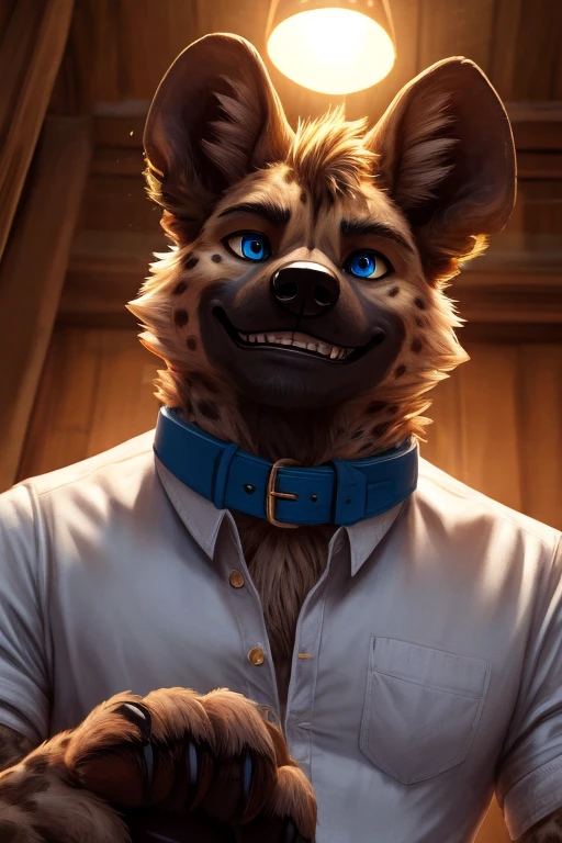 handsome, hyena, scruffy fringe, wearing a pale yellow buttoned shirt, blue collar, eyes with a mischievous glint, blue eyes, average build, good eyes, warm lighting, 8k semi realistic, low angle, small grin, (4 digits on paw)