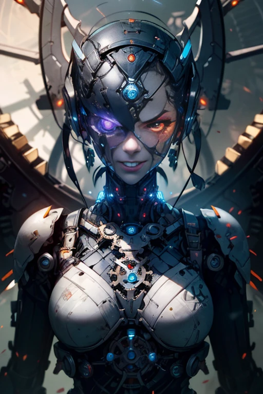 (cyborg girl), mechanical wings with gears extended, detailed face, proportional face, (devious and beautiful), cinematic light, Science fiction, apocalypse, (CG illustration), (Highly detailed), (high resolution), (Best quality), (masterpiece)