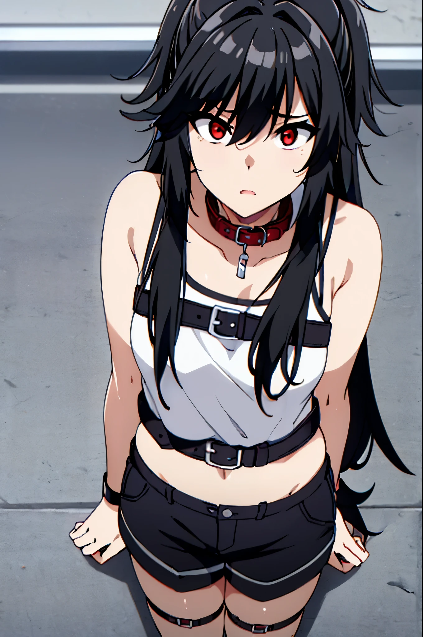 ((collar,leash,tied up,bondage,scared expression)),1Girl, solo,red eyes,black hair,,shorts,top-tank,looking at viewer
