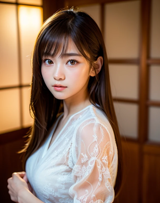 Tabletop、masterpiece、One Girl、Front view from the front、Japanese、Very young and pretty woman、(The cutest girl in the world)、17-year-old student、Makes your face smaller、Attractive person、Super cute face、Glossy Lips、Double eyelids on both eyes、 Natural Makeup、Long eyelashes、Black Hair、Asymmetrical Bangs、Center image、8k resolution、Advanced Details、Detailed hairstyle、Detailed face、Great cinema lighting、Vibrant、Ultra-realistic、Perfect limbs、Perfect Anatomy、Against the background of fireworks、Wearing a yukata with sleeves、View from the waist up、