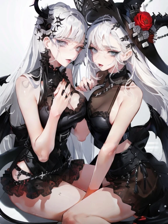 beautiful eyes、Two women kisasterpiece, best quality, high quality, ultra detailed, 1girl, looking at viewer, white hair, gray eyes, black lipstick, black shirt, sitting on a white floor, demon girl, gothcore, 1 7 - year - old, goth girl, japanese gothic, gothic punk style, black metal style, hands on head,.yurikiss、Girl kissing girl、Sex、