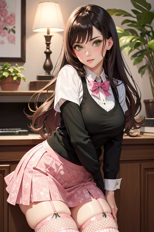NSFW、Ultra-realistic 8K CG, masterpiece, ((Highly detailed background, Delicate pattern, Exquisite detail)), Highest quality, masterpiece, Highest quality、15 years old、delicate、thin、、Twin tails、Pink and black hair、Pink Shirt、Black Skirt、Black knee socks、smile、fine、((Sweat))、(((Sweat染み)))、(((Body odor、Yellowing))、M-shaped legs、(((Love juice)))、(((Sweatっかき、Sweatの匂い)))