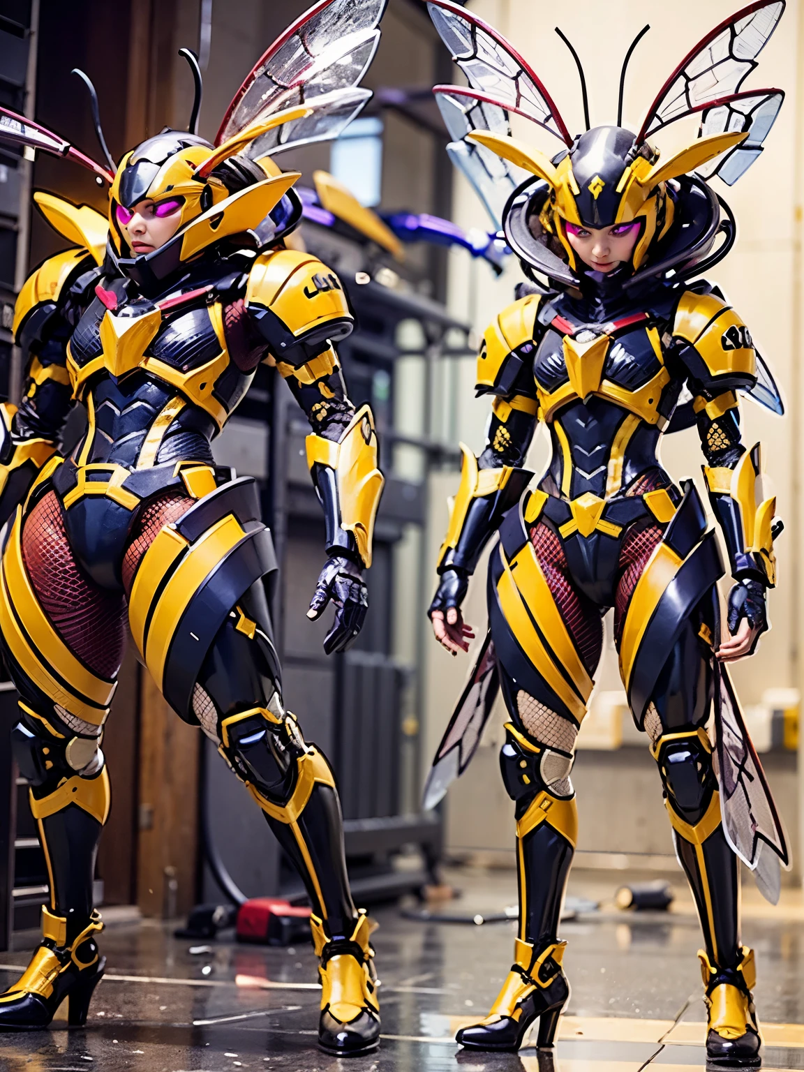 A girl, a humanoid battle machine, transforms into a wasp