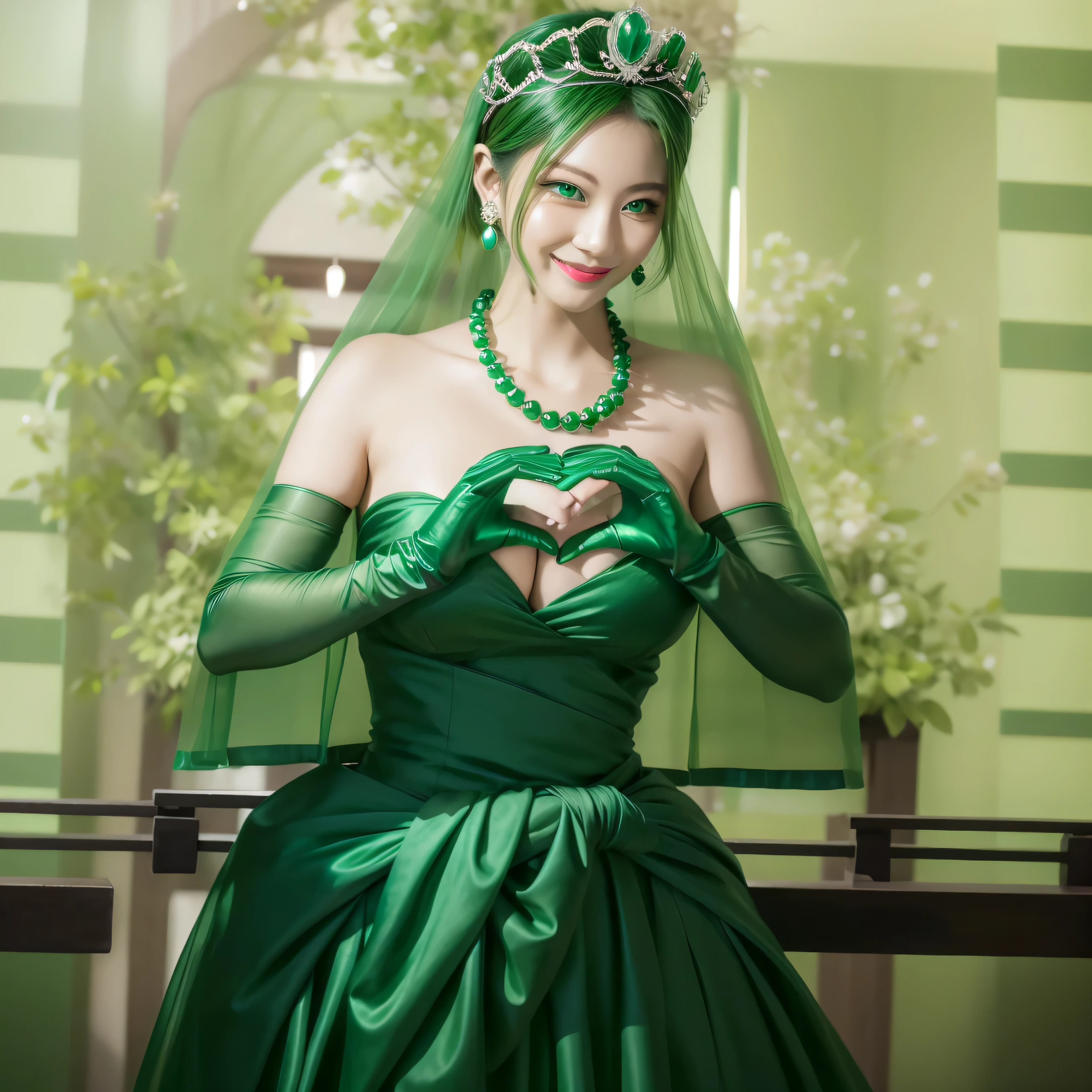emerald tiara, green pearl necklace, boyish very short green hair, green lips, smiling Japanese woman, very short hair, Beautiful woman with big breasts, green eyes, green satin long gloves, green eyes, emerald earrings, green veil, Heart with both hands, green hair, beautiful japanese woman
