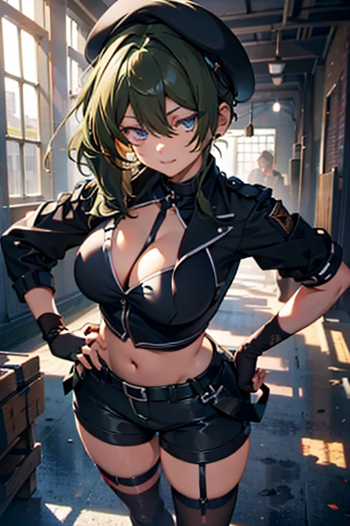ubel,dark green hair,long hair,side ponytail,hair between eyes,bangs, BREAK (beret, black jacket, open clothes, cleavage, midriff, black shorts, black thighhighs, thigh strap, fingerless gloves, single glove:1.2) BREAK blurry background, BREAK pose, hand on hip, BREAK (masterpiece:1.2), best quality, high resolution, unity 8k wallpaper, (illustration:0.8), (beautiful detailed eyes:1.6), extremely detailed face, perfect lighting, extremely detailed CG, (perfect hands, perfect anatomy),