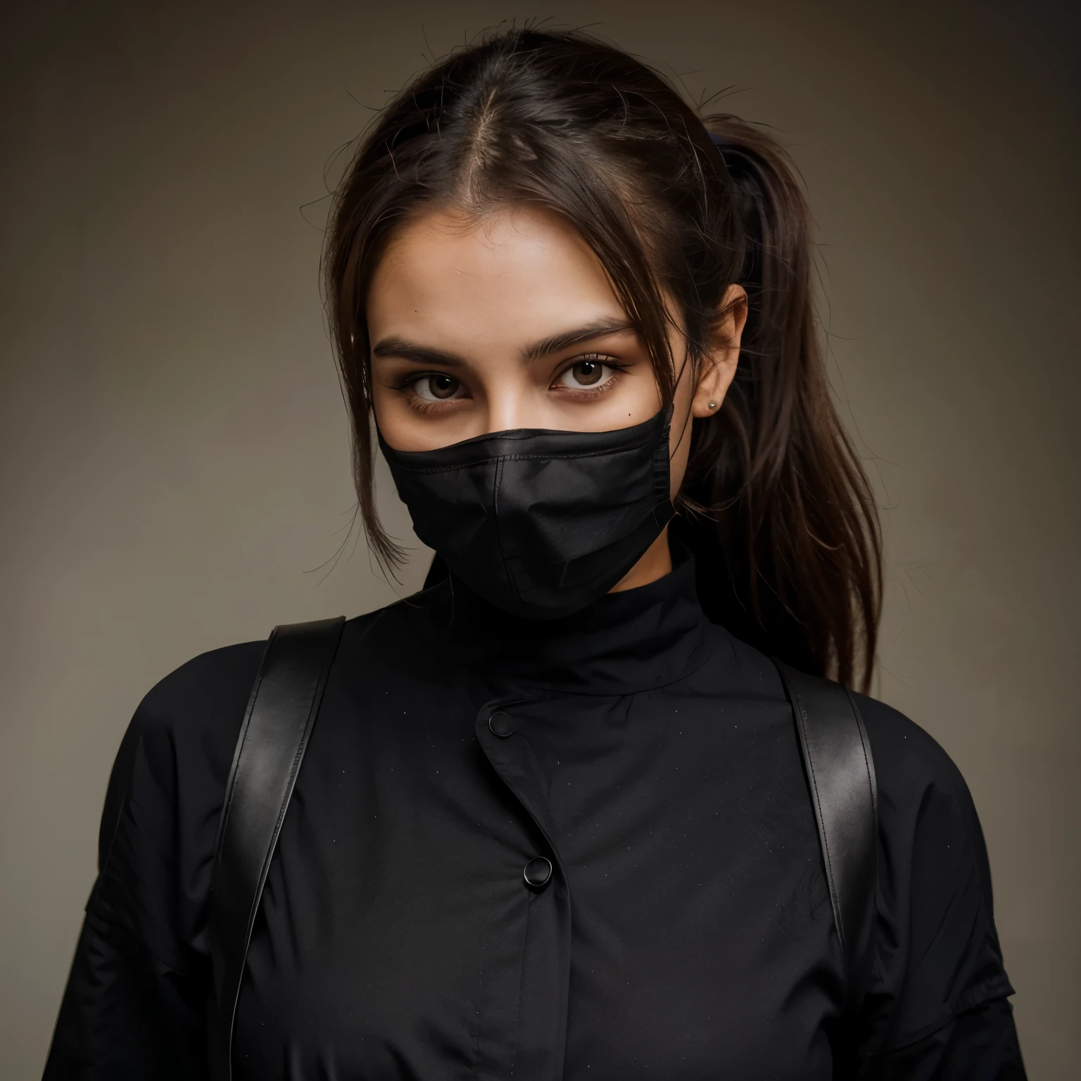 25 year old girl with dark brown ponytail hair. She is wearing a black mask. She is wearing military clothing