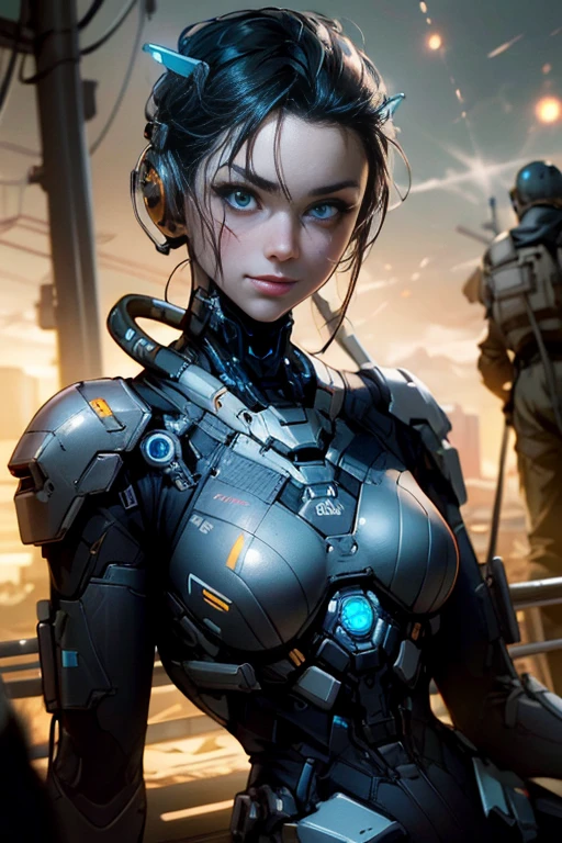 (cyborg girl), detailed face, proportional face, posing sitting for a photo,  (devious and beautiful), cinematic light, Science fiction, apocalypse, (CG illustration), (Highly detailed), (high resolution), (Best quality), (masterpiece)