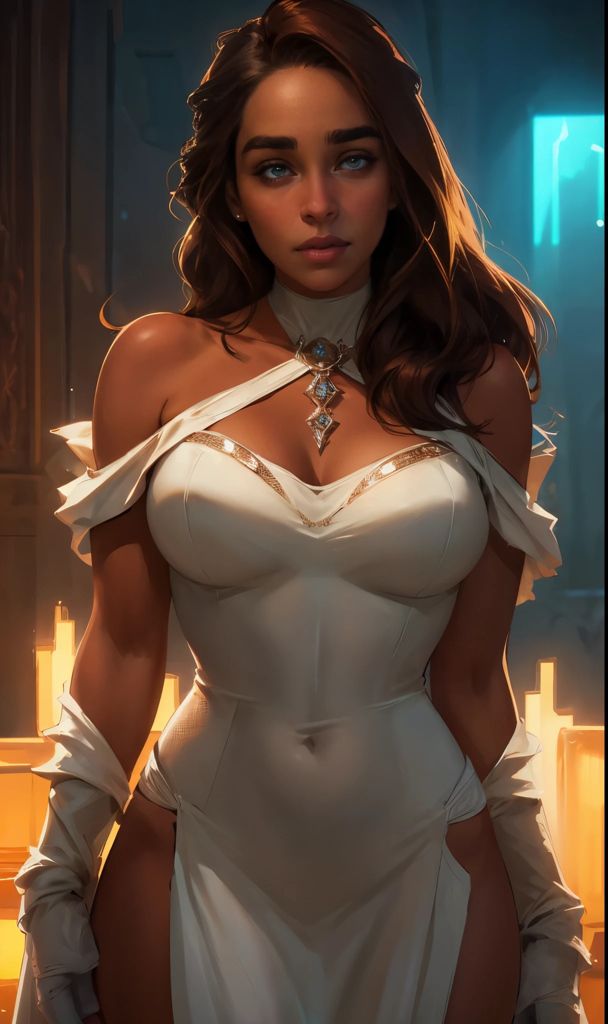 A beautiful woman with a serious expression, wearing a white lingerie and high thighs, with a triple knot hairstyle, in a star wars inspired scene, vivid colors, masterpiece, ultra-detailed, photorealistic