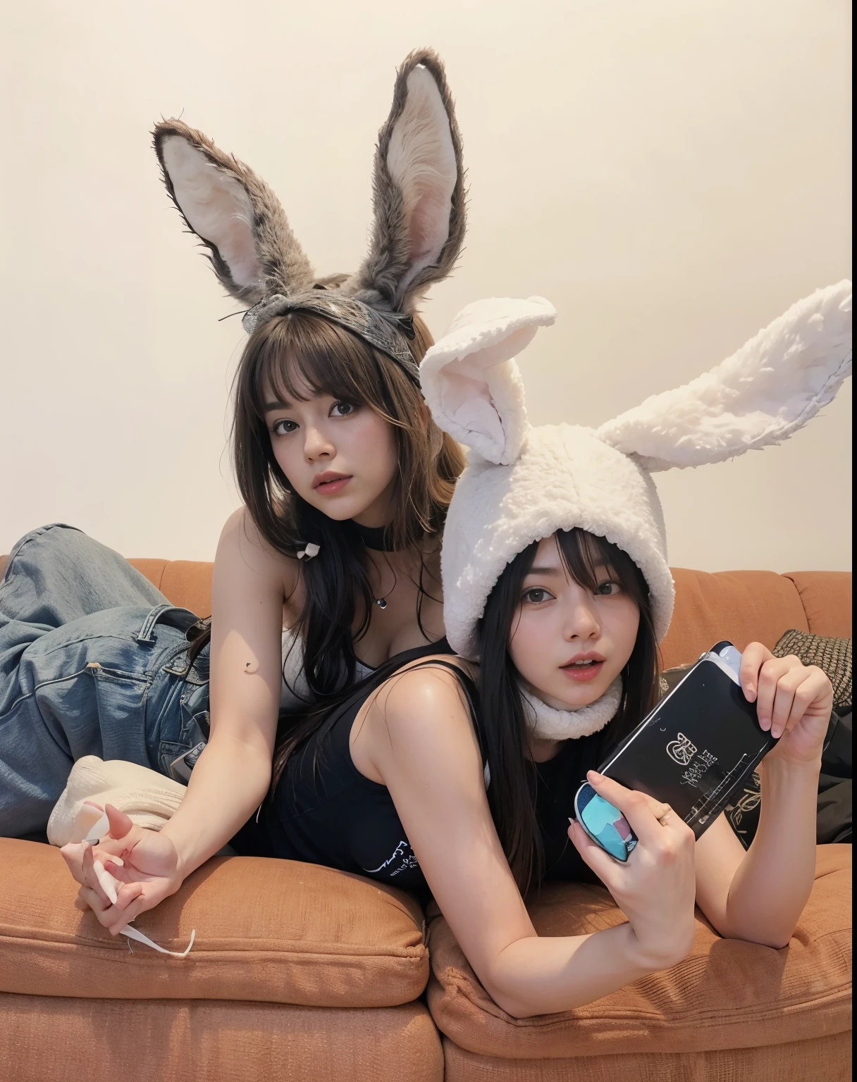 two women sitting on a couch with Orejas de conejo on their heads, with long floppy orejas de conejo, with Orejas de conejo, with big orejas de conejo, with bunny orejas de conejo, wearing cybernetic Orejas de conejo, Orejas de conejo, wearing a traje de conejo, pointy Orejas de conejo, long orejas de conejo, traje de conejo, Ayami Kojima y Lyde Caldwell, orejas de conejo, conejitopunk