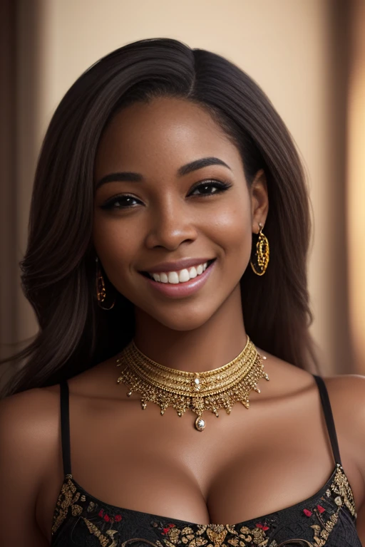 Photo of a Gorgeous ebony woman smiling,(masterpiece),realistic photo,best quality,highly detailed, HDR, 8k, (wallpaper),cinematic lighting,intricate,fashion