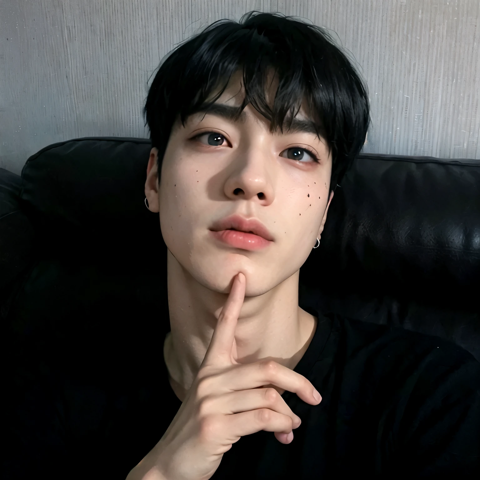 Arafed man in black shirt sitting on a sofa with his hand on his chin, kim doyoung, Jimin\his right eyelid is swollen, Jimin\los labios carnosos, Jung Jaehyun, Hong June Hyung, kim taejin, accurate Jimin face, pale korean adorable face, pintar ulzzang, hyung tae, Jimin\'s grecian nose