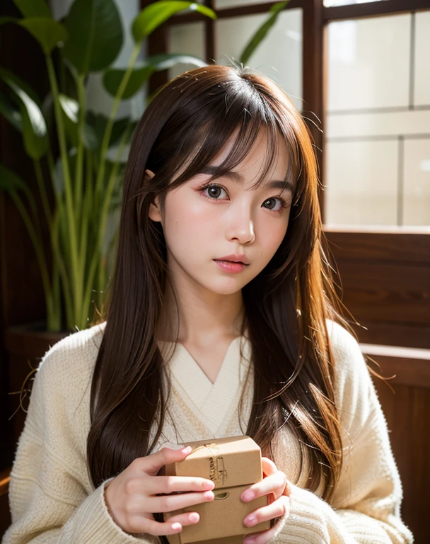 highest quality, face focus, soft light, ultra high resolution, (realistic:1.4), Raw photo,
1 japanese girl, alone, cute, (pupil, light in the eyes),  detailed beautiful face, (small box),(High resolution details of human skin texture),
(long hair),
indoor,
damask shirt dress,
(portrait)