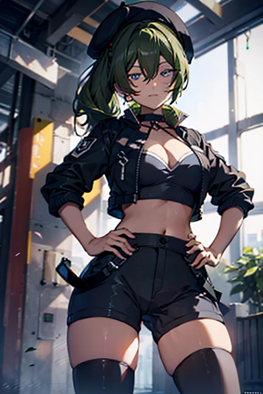 ubel,((ubel of Frieren: Beyond Journey's End )),dark green hair,long hair,side ponytail,hair between eyes,bangs, BREAK (beret, black jacket, open clothes, cleavage, midriff, black shorts, black thighhighs, thigh strap, fingerless gloves, single glove:1.2) , (dynamic angle:1.3, front view:1.1, breast focus:1.3, from below:1.2), (dynamic posing:1.5, sexy posing:1.2, leaning forward), (seductive smiling:1.3),(*K) HD, highest quality, WorKs of masters, High resolution, spread legs, panties shot,1 girl, small nose,(with sparkling eyes and a contagious smile), very beautiful detailed face and eyes, bright colors, cute face, delicate beautiful face, Bright magenta eyes, cute eyes, sparkling eyes, Big eyes, (big breasts:1.3), (perky chest:1.1), (pointed chest:1.0), medium hips, glamorous body, white skin, smile, thin pubric hair, shiny hair, super beautiful face, Super beautiful eyes, Super beautiful hair,trendy outfit,sexy and attractive,explosion of colors,big hairpin,full body esbian,illegal occupation, Real World, Natural light,perfect Natural light,looking at viewer,