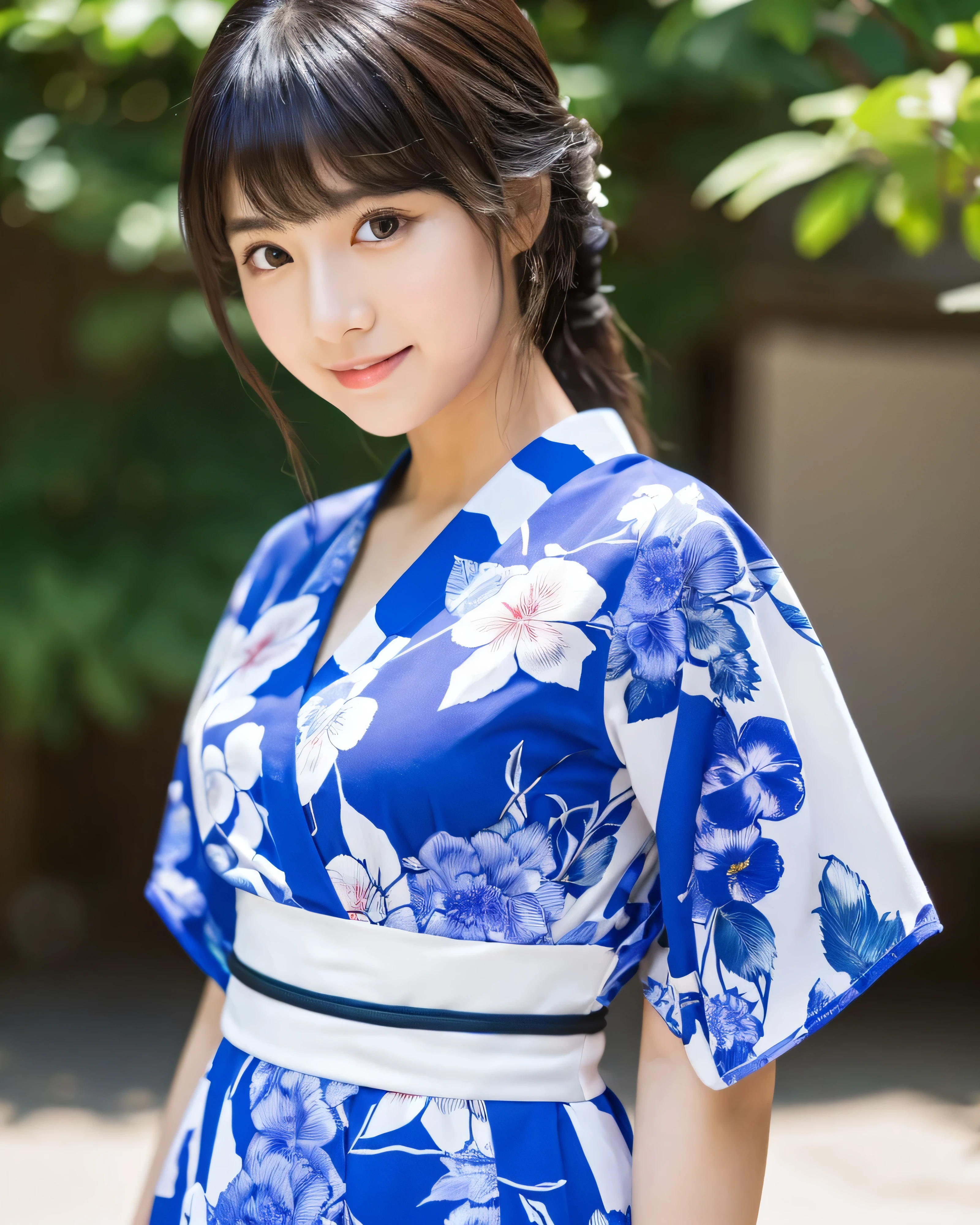 (highest quality, 8k, High resolution, masterpiece:1.2), beautiful japanese girl, , glossy black hair, ponytail, asymmetrical bangs, Big sapphire eyes, High resolutionの潤んだ瞳, smooth soft skin, pale pink lips, natural makeup, gentle smile, white floral kimono, traditional Japanese Yukata, (whole body:1.3), In the clear, cobalt blue ocean, blue sky, professional lighting