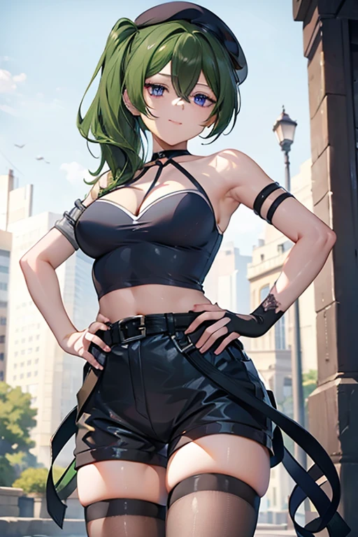 ubel,dark green hair,long hair,side ponytail,hair between eyes,bangs, BREAK (beret, black jacket, open clothes, cleavage, midriff, black shorts, black thighhighs, thigh strap, fingerless gloves, single glove:1.2) BREAK blurry background, BREAK pose, hand on hip, BREAK (masterpiece:1.2), best quality, high resolution, unity 8k wallpaper, (illustration:0.8), (beautiful detailed eyes:1.6), extremely detailed face, perfect lighting, extremely detailed CG, (perfect hands, perfect anatomy),
