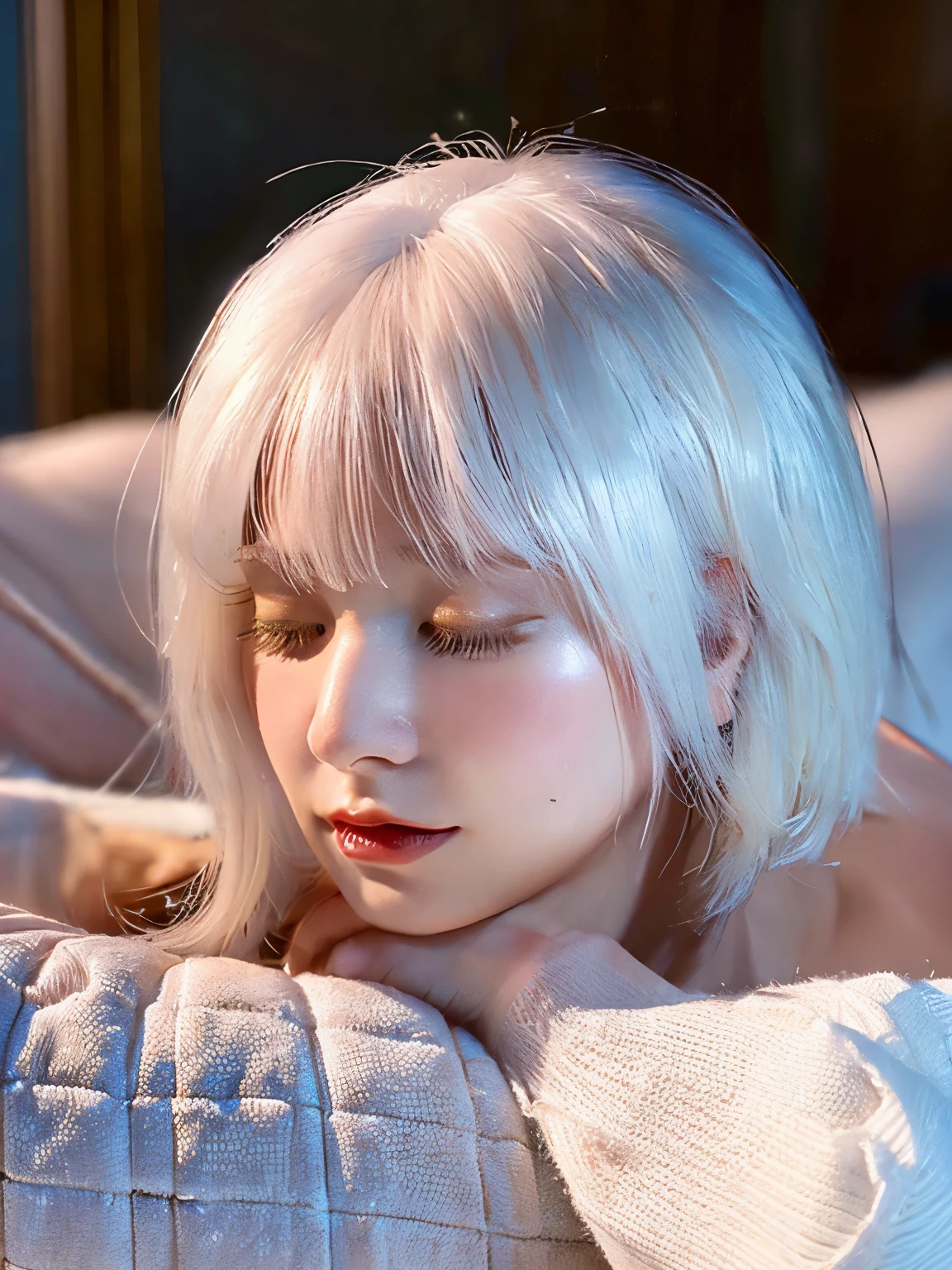 Sleeping girl, 22 years old, realistic, nude, white hair, huge