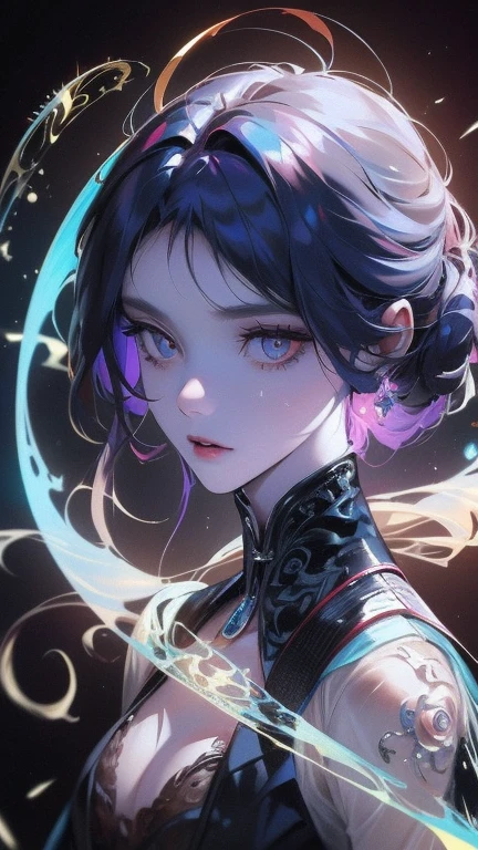 A stunning neo-Victorian cosmic cannibal, her ethereal beauty contrasting with the macabre nature of her existence: porcelain skin adorned with delicate lace, opalescent eyes glazed with hunger, and tendrils of swirling galaxies woven into her flowing midnight hair. This intricate portrait is a mesmerizing gouache painting, meticulously detailed and expertly rendered, capturing every nuanced feature with breathtaking precision. The juxtaposition of elegance and horror is masterfully portrayed, inviting viewers to delve into the haunting narrative of a celestial being consumed by her own darkness.