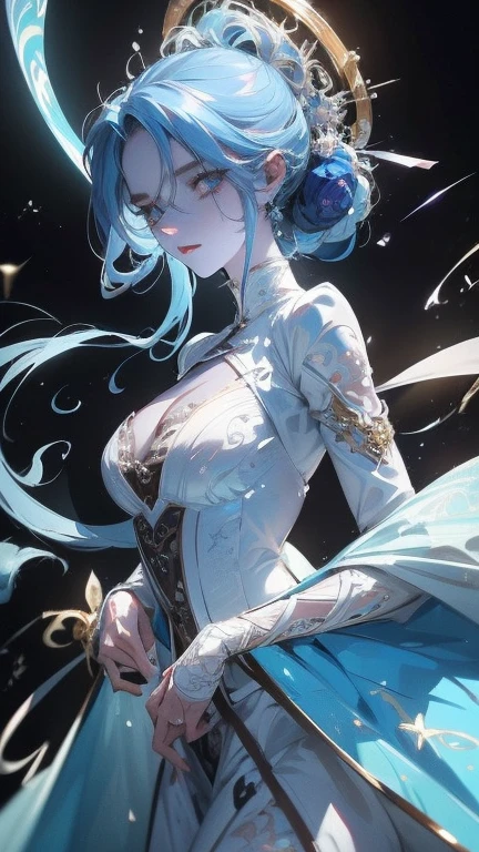 A stunning neo-Victorian cosmic cannibal, her ethereal beauty contrasting with the macabre nature of her existence: porcelain skin adorned with delicate lace, opalescent eyes glazed with hunger, and tendrils of swirling galaxies woven into her flowing midnight hair. This intricate portrait is a mesmerizing gouache painting, meticulously detailed and expertly rendered, capturing every nuanced feature with breathtaking precision. The juxtaposition of elegance and horror is masterfully portrayed, inviting viewers to delve into the haunting narrative of a celestial being consumed by her own darkness.