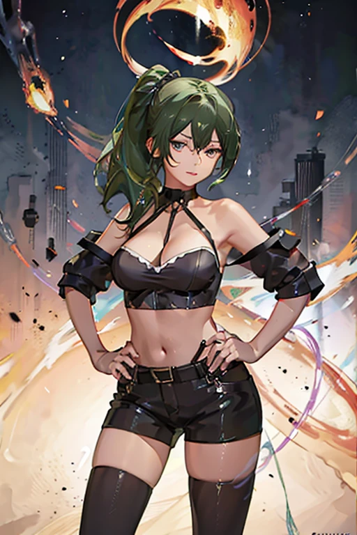 ubel,dark green hair,long hair,side ponytail,hair between eyes,bangs, BREAK (beret, black jacket, open clothes, cleavage, midriff, black shorts, black thighhighs, thigh strap, fingerless gloves, single glove:1.2) BREAK blurry background, BREAK pose, hand on hip, BREAK (masterpiece:1.2), best quality, high resolution, unity 8k wallpaper, (illustration:0.8), (beautiful detailed eyes:1.6), extremely detailed face, perfect lighting, extremely detailed CG, (perfect hands, perfect anatomy),
