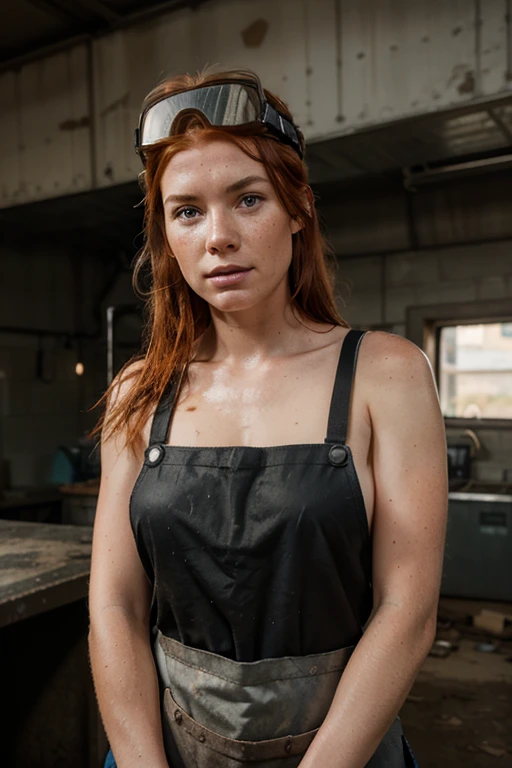 Generate a highly realistic image of a redhead woman with freckles, her face slightly dirtied by steel dust and grime. She's wearing dark work attire with a black apron and a welding mask.