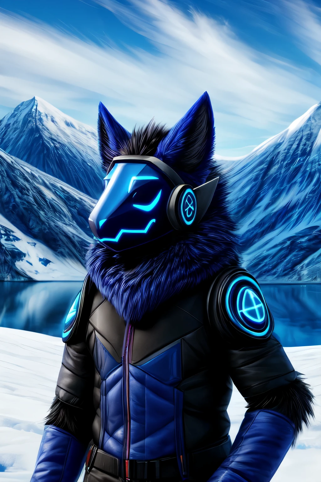 protogen furry male (protogen mask blue) with fur dark blue, in Alaska, desktop wallpaper