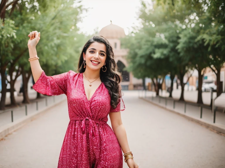 A 30-year-old woman of mixed Indian and Moroccan,wearing class clothes dancing, happy in family, realistic, 4K